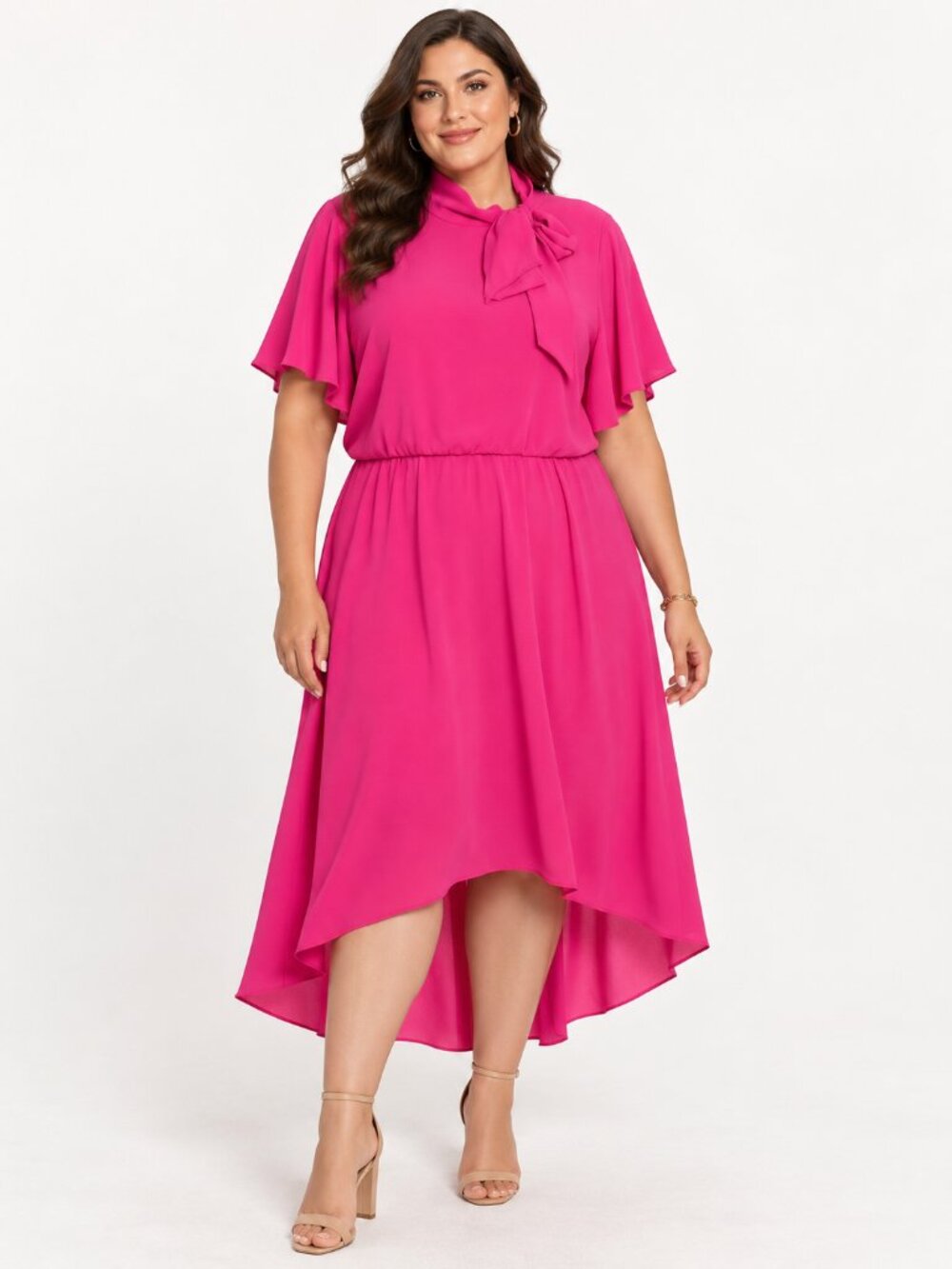 London Times Plus 22W Fuchsia Tie Neck Flutter Sleeve High Low Dress NWT